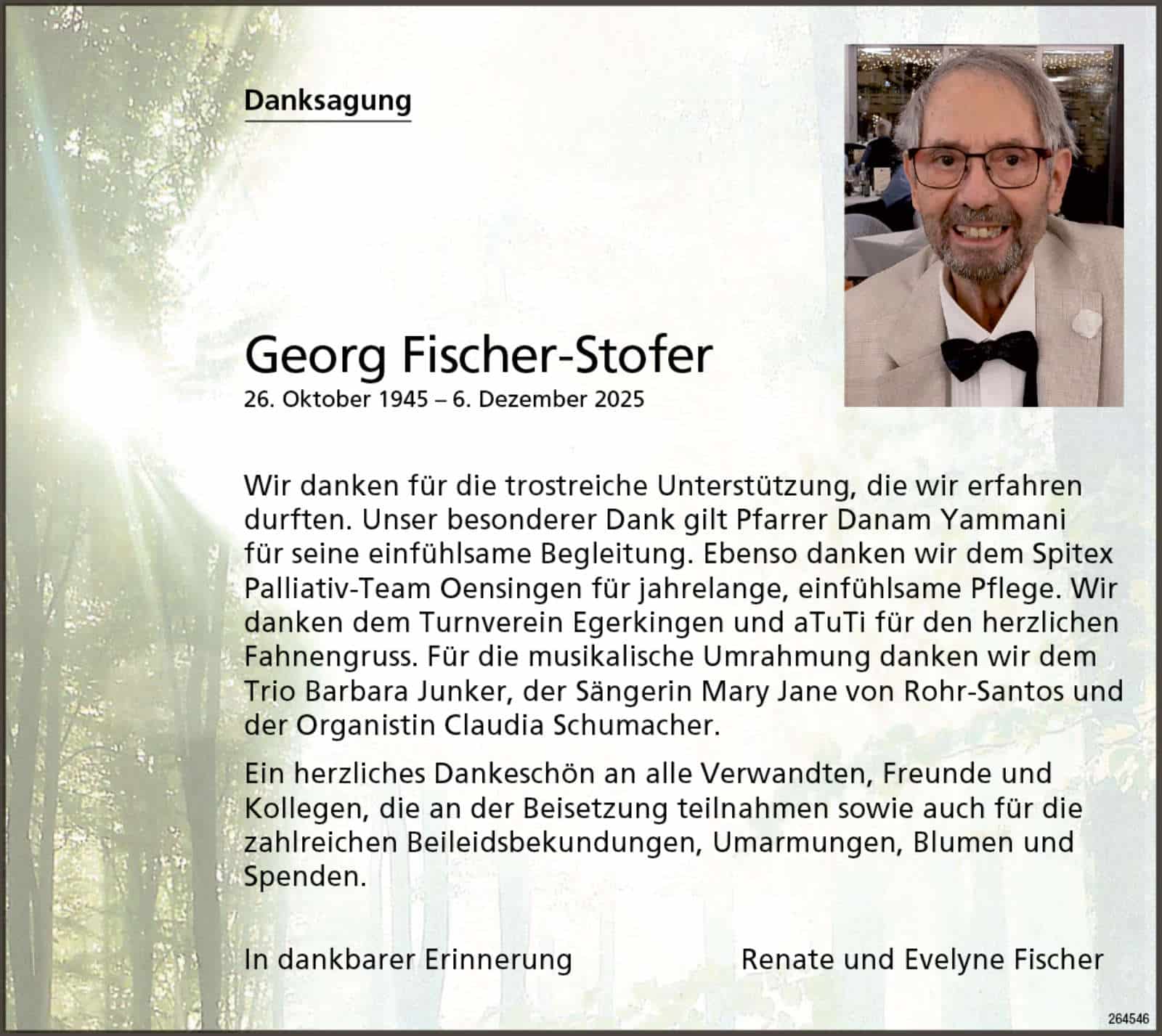 Georg Fischer-Stofer 1945 Todesanzeige / Anzeiger Thal Gäu Olten