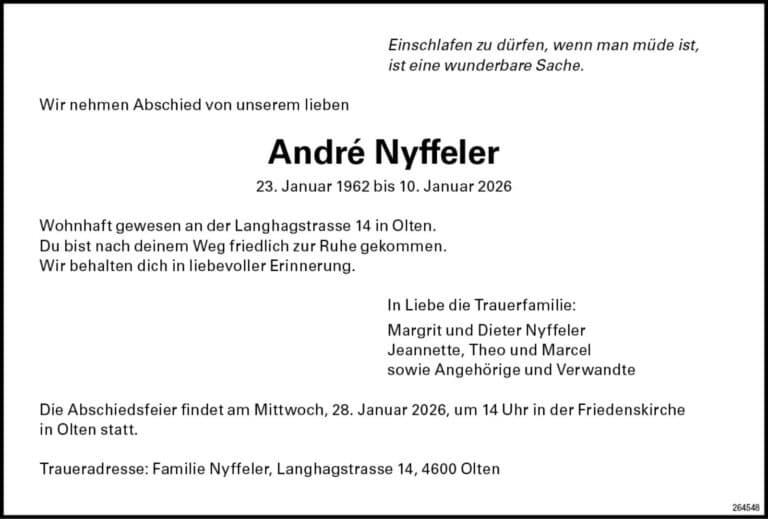 André Nyffeler 1962 Todesanzeige / Anzeiger Thal Gäu Olten
