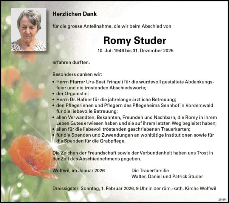 Romy Studer 1946 Todesanzeige / Anzeiger Thal Gäu Olten