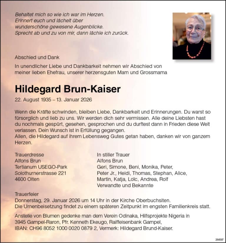 Hildegard Brun-Kaiser 1935 Todesanzeige / Anzeiger Thal Gäu Olten