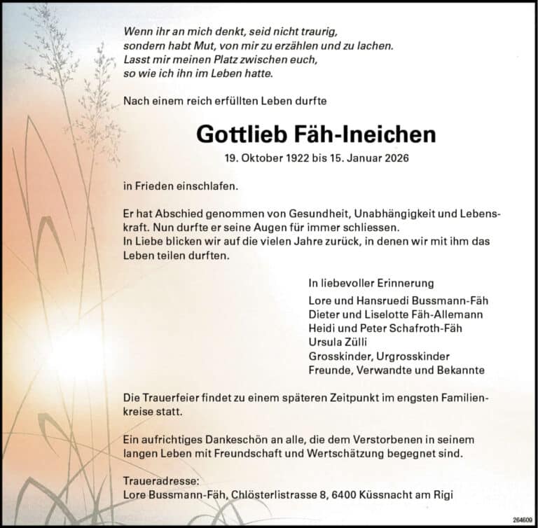 Gottlieb Fäh-Ineichen 1922 Todesanzeige / Anzeiger Thal Gäu Olten