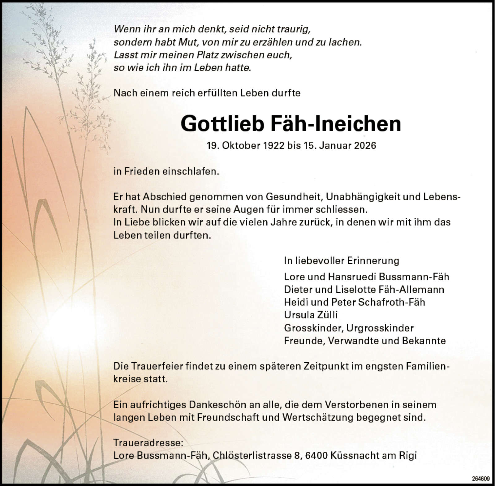 Gottlieb Fäh-Ineichen 1922 Todesanzeige / Anzeiger Thal Gäu Olten