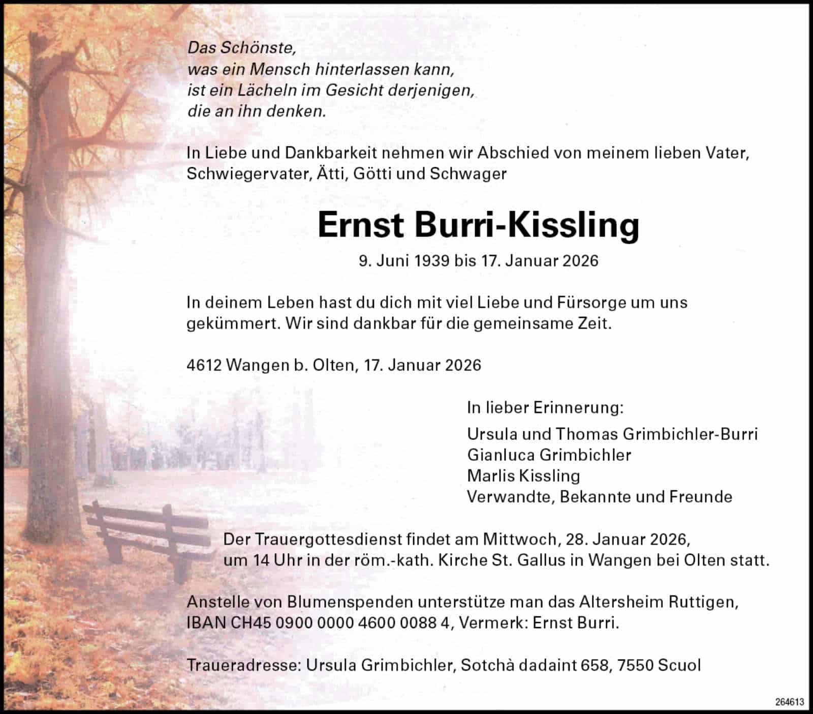 Ernst Burri-Kissling 1939 Todesanzeige / Anzeiger Thal Gäu Olten