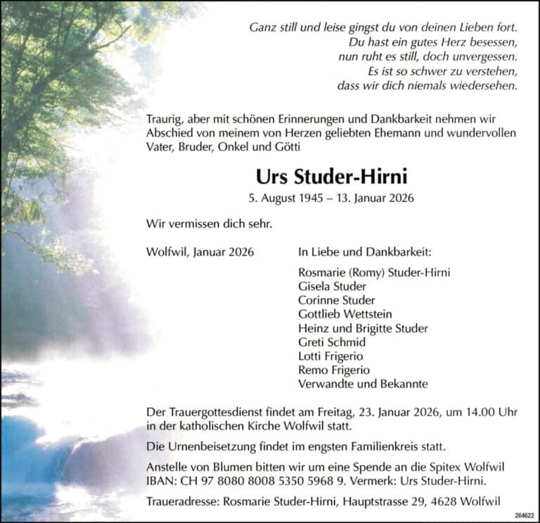 Urs Studer-Hirni 1945 Todesanzeige / Anzeiger Thal Gäu Olten