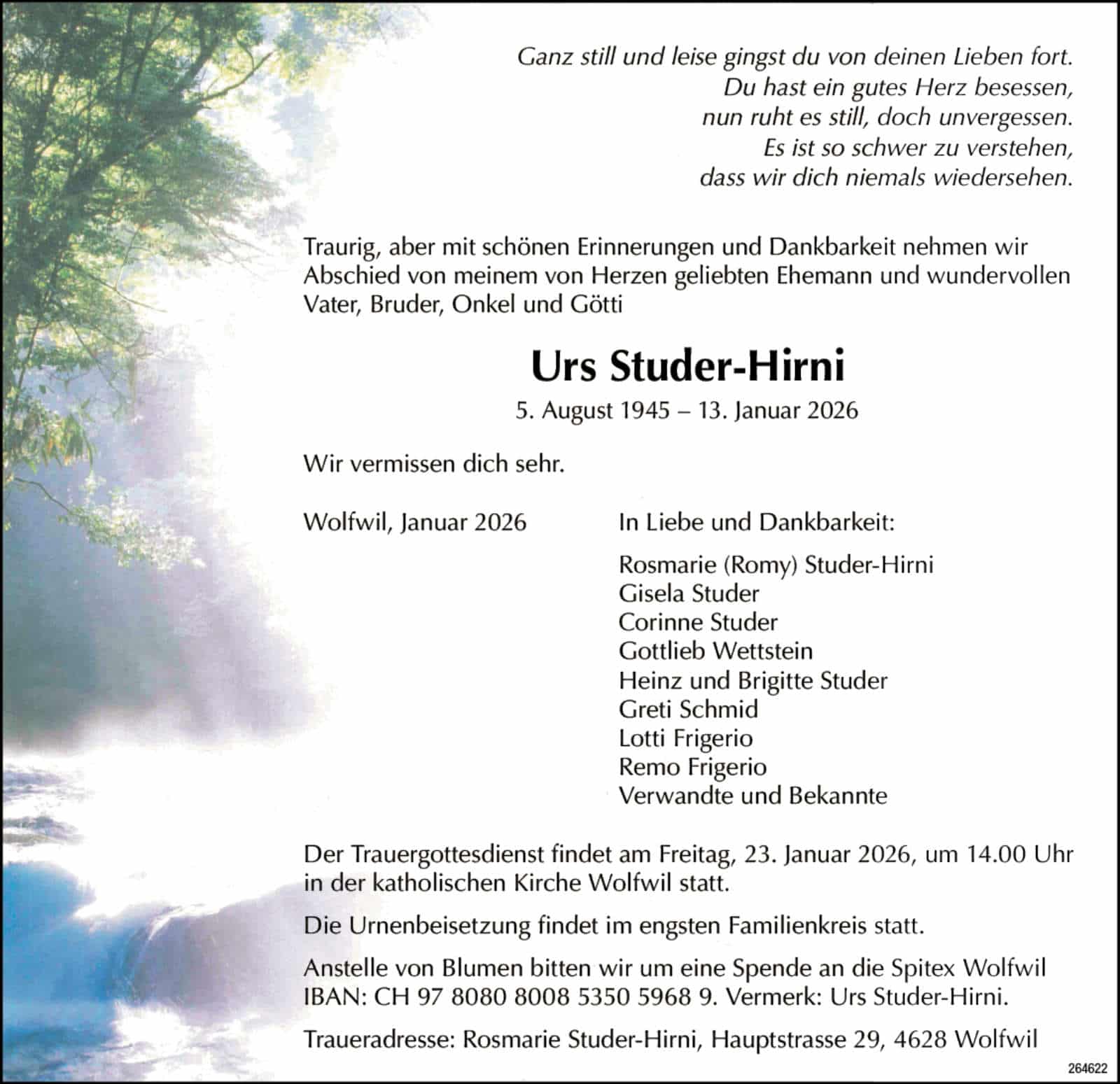 Urs Studer-Hirni 1945 Todesanzeige / Anzeiger Thal Gäu Olten