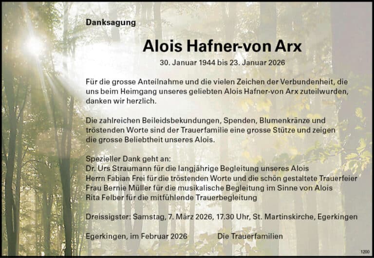 Alois Hafner-von Arx 1944 Todesanzeige / Anzeiger Thal Gäu Olten