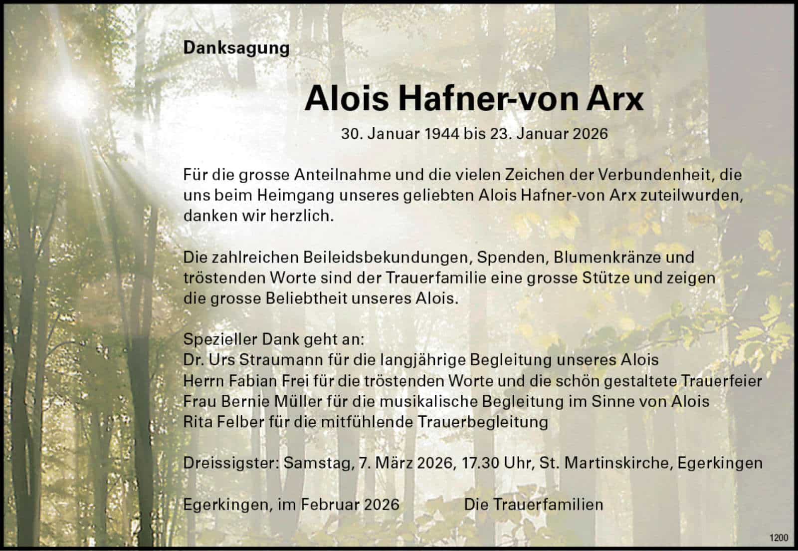 Alois Hafner-von Arx 1944 Todesanzeige / Anzeiger Thal Gäu Olten