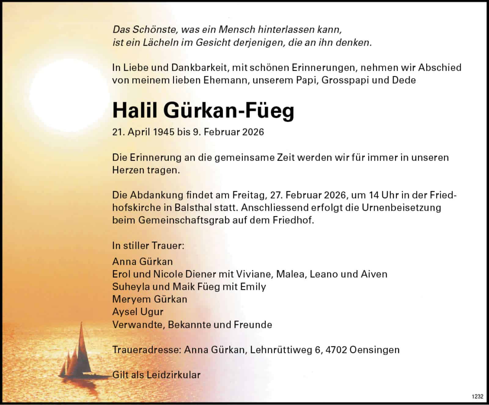 Halil Gürkan-Füeg 1945 Todesanzeige / Anzeiger Thal Gäu Olten