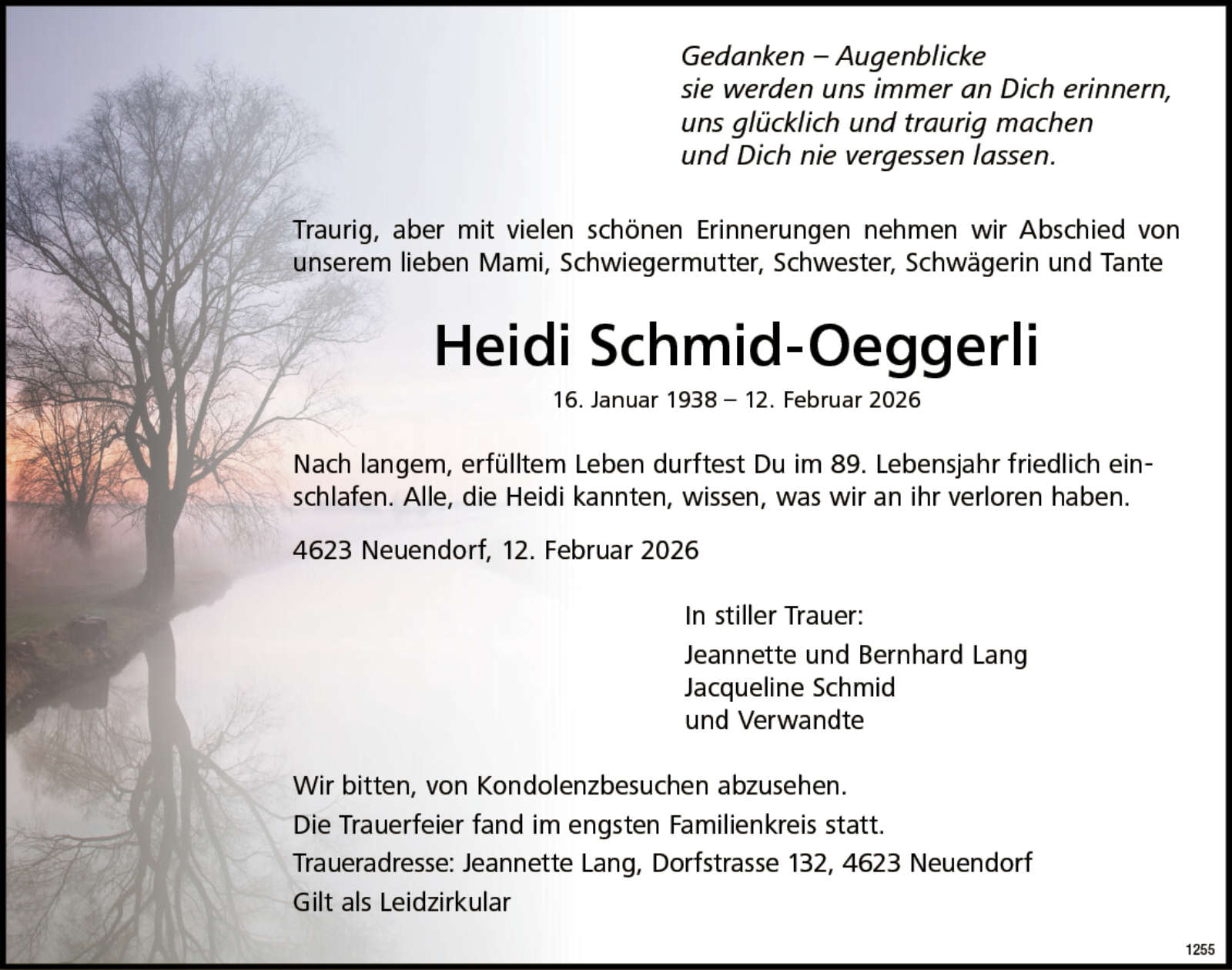 Heidi Schmid-Oeggerli 1938 Todesanzeige / Anzeiger Thal Gäu Olten