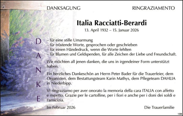 Italia Racciatti-Berardi 1932 Todesanzeige / Anzeiger Thal Gäu Olten