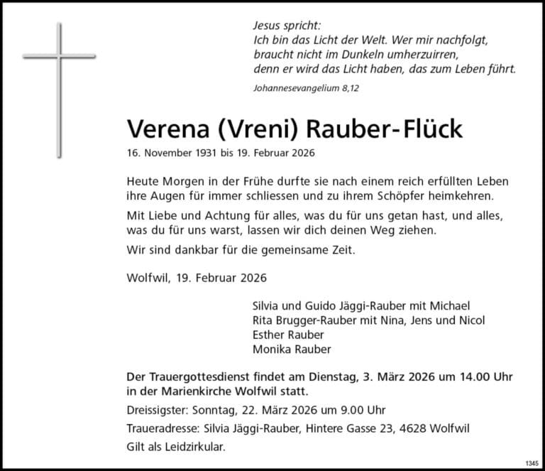 Verena (Vreni) Rauber-Flück 1931 Todesanzeige / Anzeiger Thal Gäu Olten