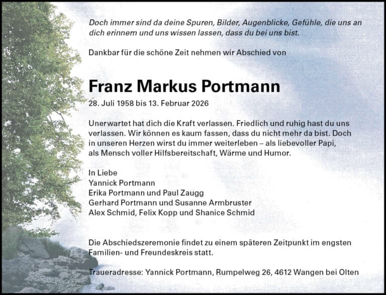 Franz Markus Portmann 1958 Todesanzeige / Anzeiger Thal Gäu Olten