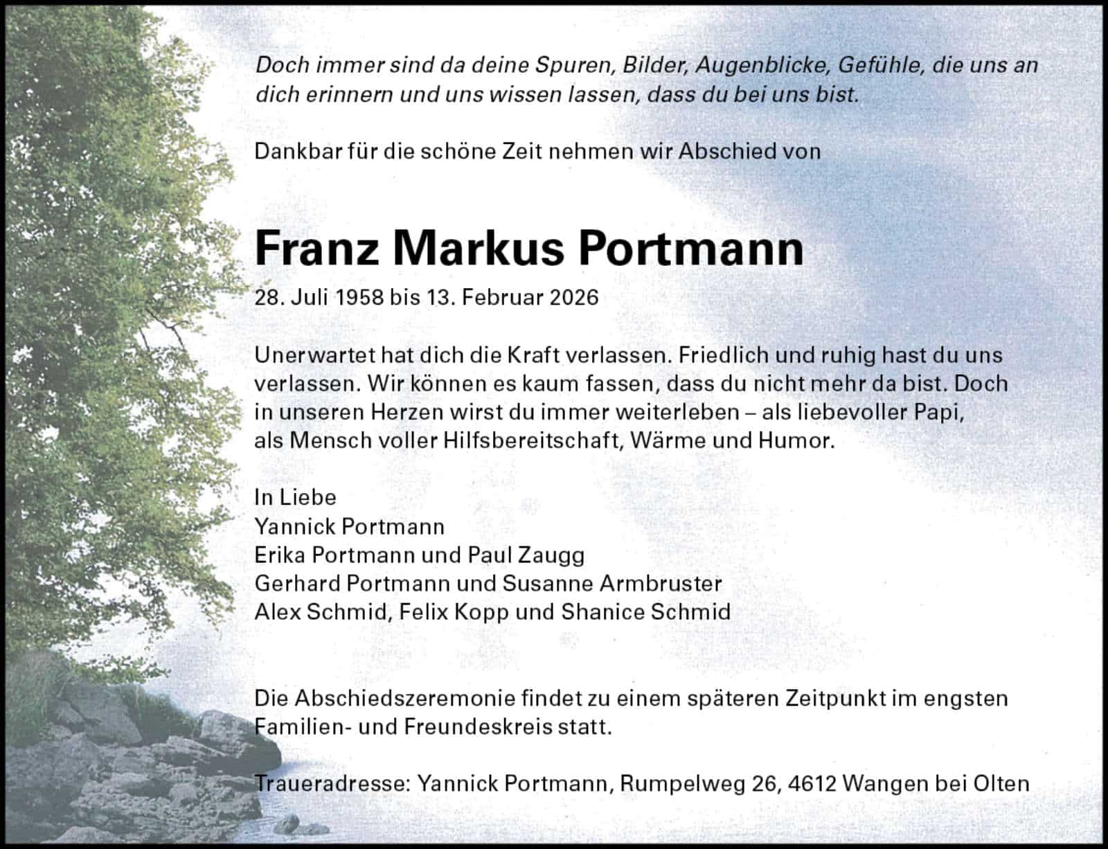 Franz Markus Portmann 1958 Todesanzeige / Anzeiger Thal Gäu Olten