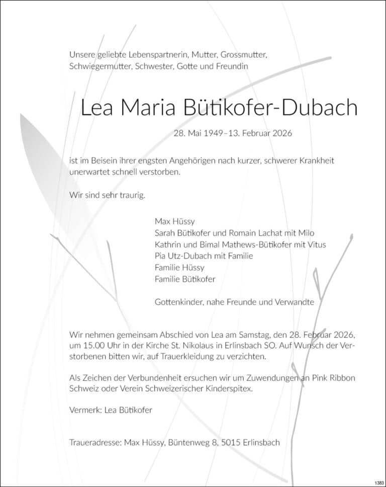 Lea Maria Bütikofer-Dubach 1949 Todesanzeige / Anzeiger Thal Gäu Olten
