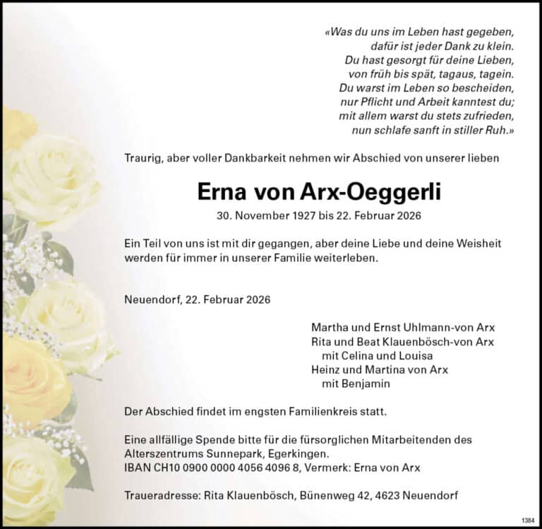 Erna von Arx-Oeggerli 1927 Todesanzeige / Anzeiger Thal Gäu Olten