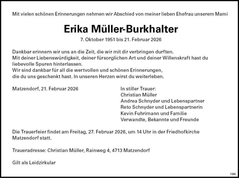 Erika Müller-Burkhalter 1951 Todesanzeige / Anzeiger Thal Gäu Olten