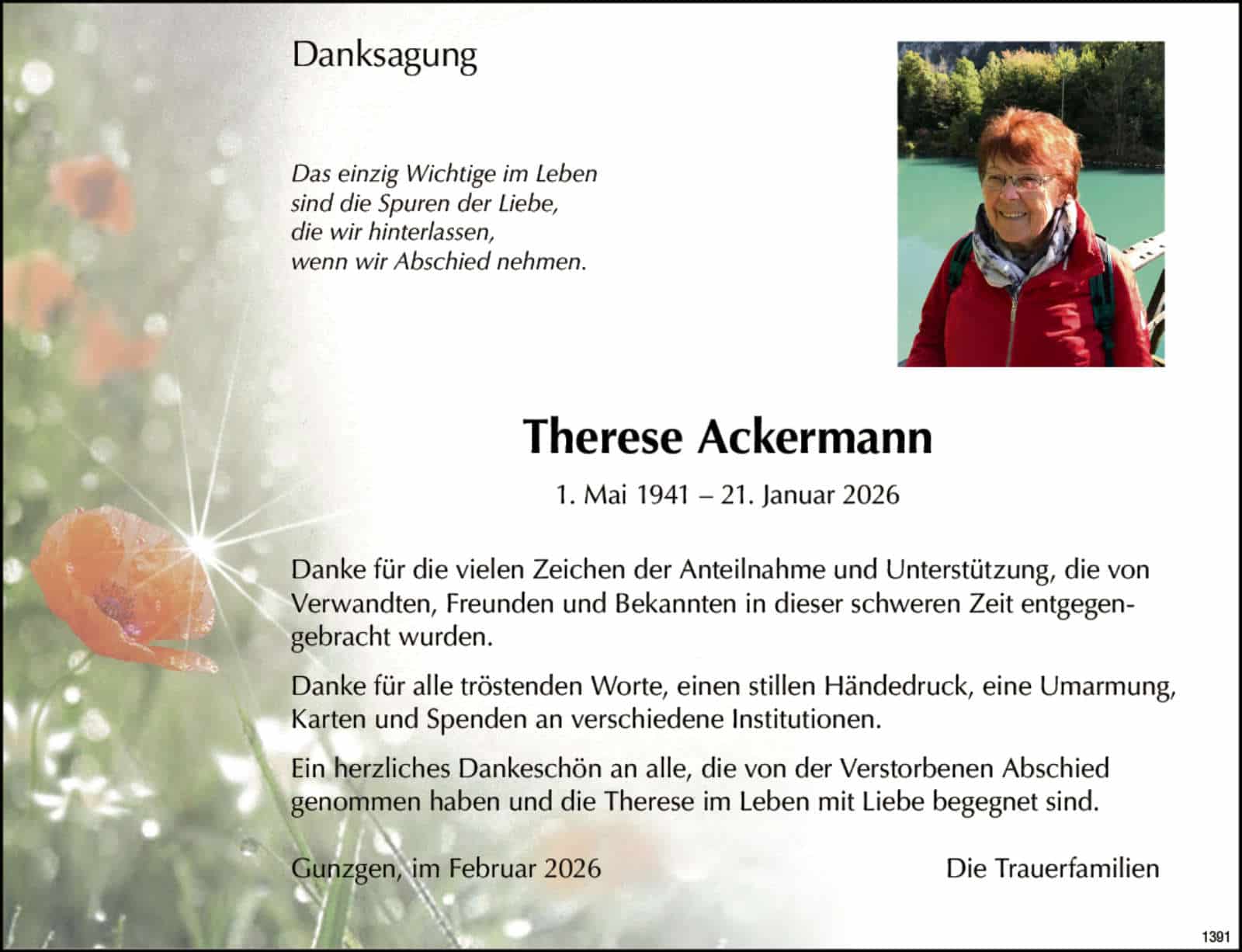 Therese Ackermann 1941 Todesanzeige / Anzeiger Thal Gäu Olten