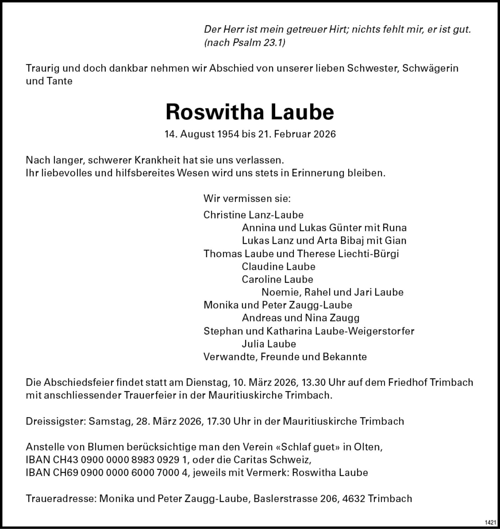 Roswitha Laube 1954 Todesanzeige / Anzeiger Thal Gäu Olten