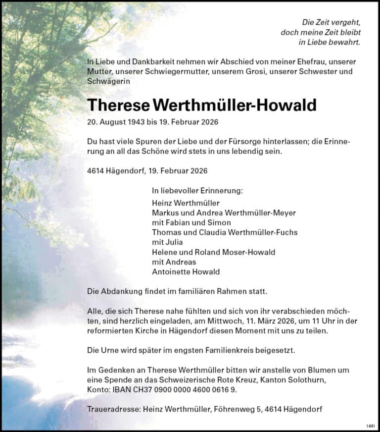 Therese Werthmüller-Howald 1943 Todesanzeige / Anzeiger Thal Gäu Olten