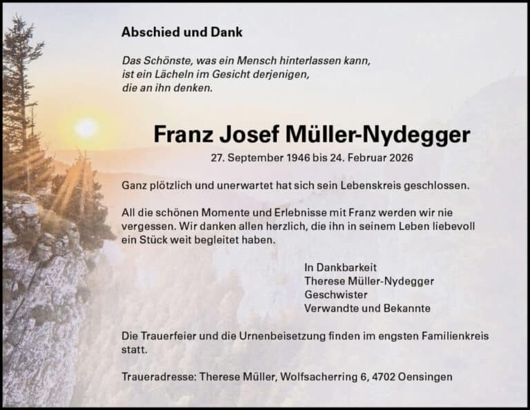 Franz Josef Müller-Nydegger 1946 Todesanzeige / Anzeiger Thal Gäu Olten