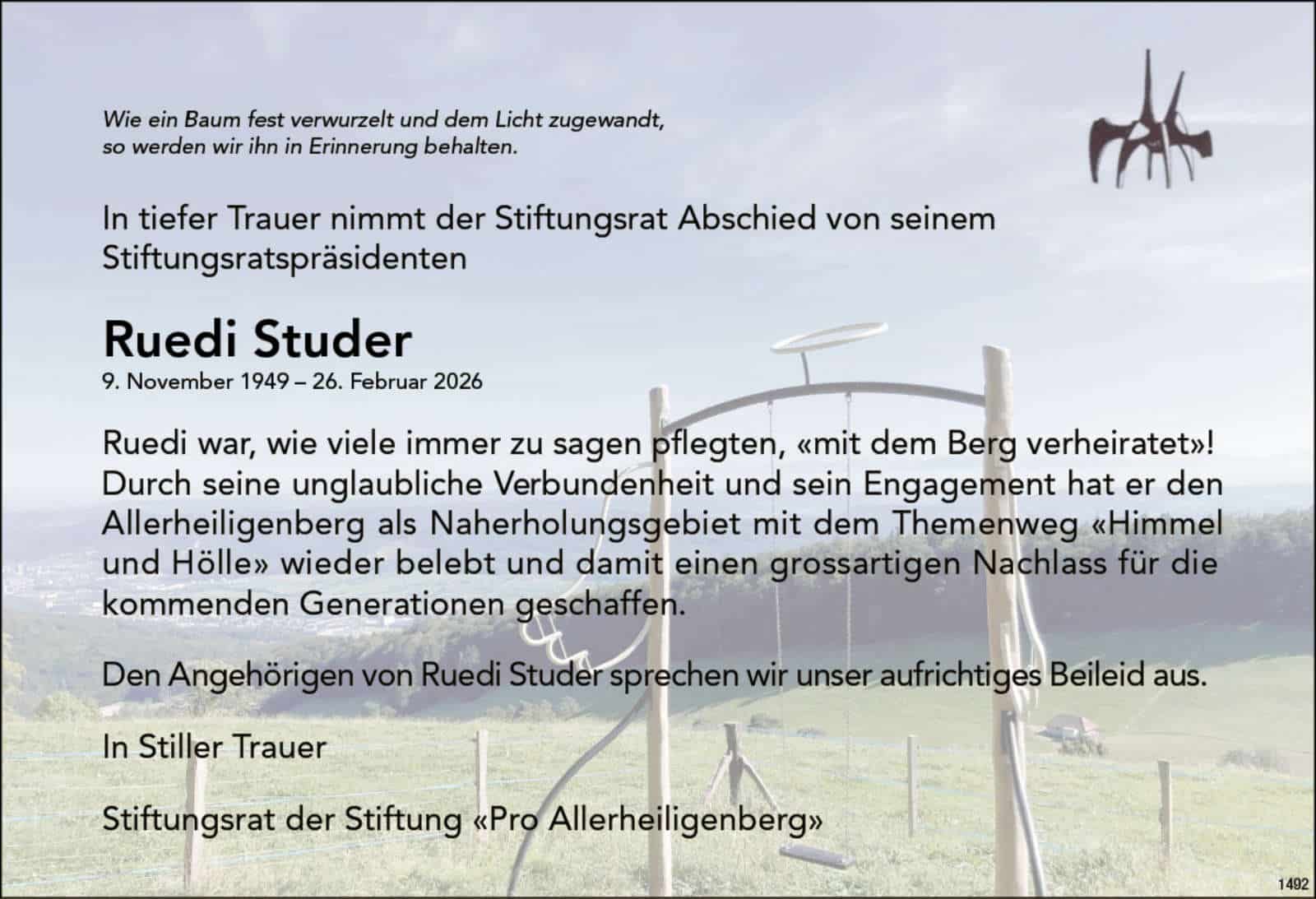 Ruedi Studer 1949 Todesanzeige / Anzeiger Thal Gäu Olten