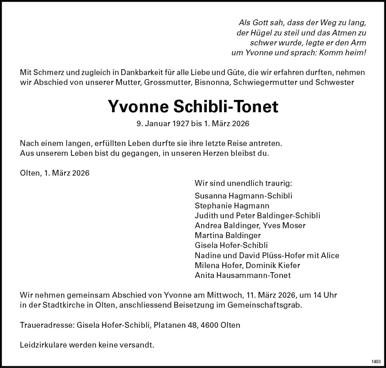 Yvonne Schibli-Tonet 1927 Todesanzeige / Anzeiger Thal Gäu Olten