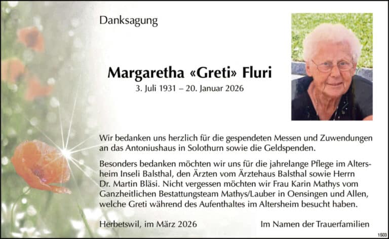 Margaretha «Greti» Fluri 1931 Todesanzeige / Anzeiger Thal Gäu Olten
