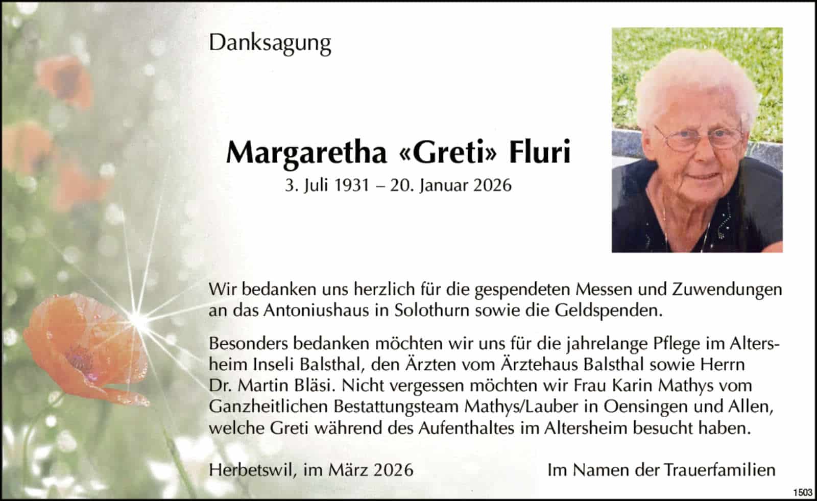Margaretha «Greti» Fluri 1931 Todesanzeige / Anzeiger Thal Gäu Olten
