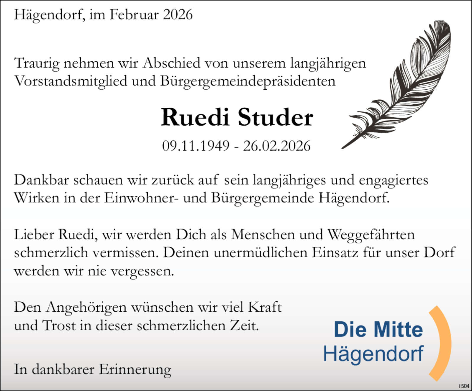 Ruedi Studer 1949 Todesanzeige / Anzeiger Thal Gäu Olten