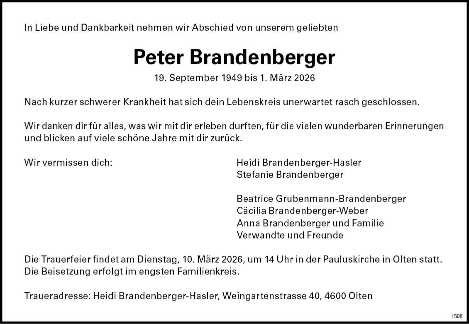 Peter Brandenberger 1949 Todesanzeige / Anzeiger Thal Gäu Olten