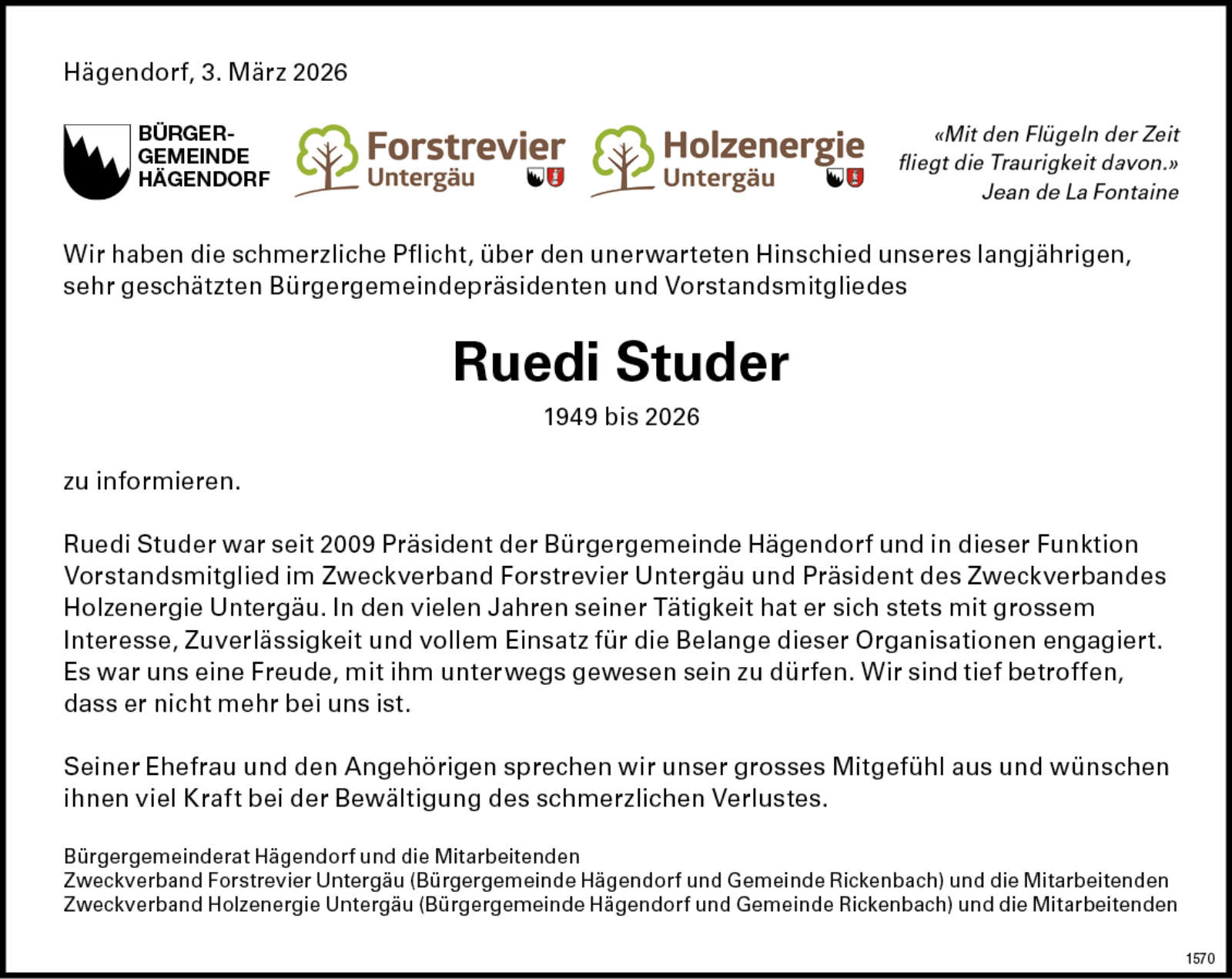 Ruedi Studer 1949 Todesanzeige / Anzeiger Thal Gäu Olten