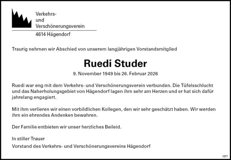 Ruedi Studer 1949 Todesanzeige / Anzeiger Thal Gäu Olten