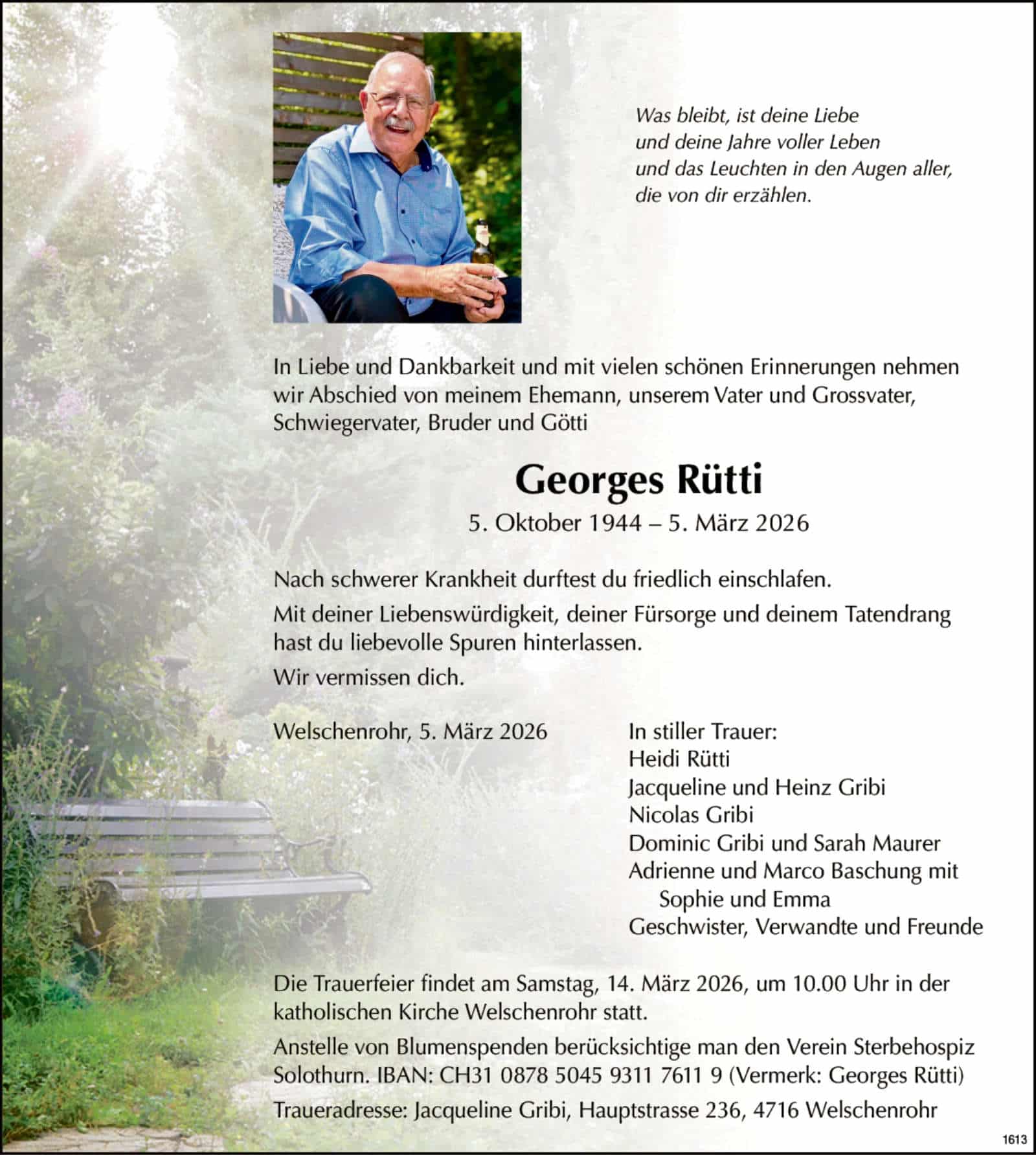 Georges Rütti 1944 Todesanzeige / Anzeiger Thal Gäu Olten