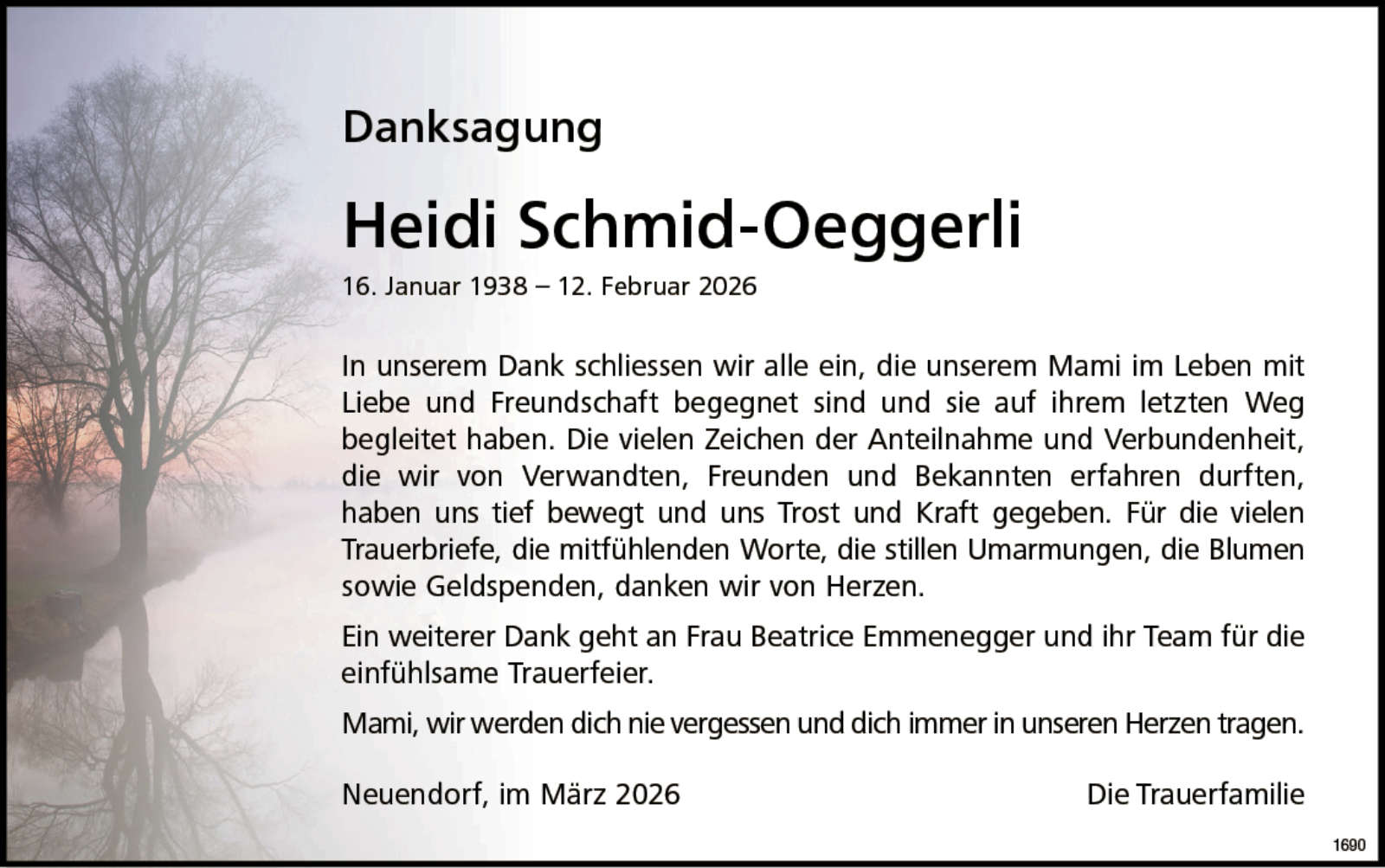 Heidi Schmid-Oeggerli 1938 Todesanzeige / Anzeiger Thal Gäu Olten
