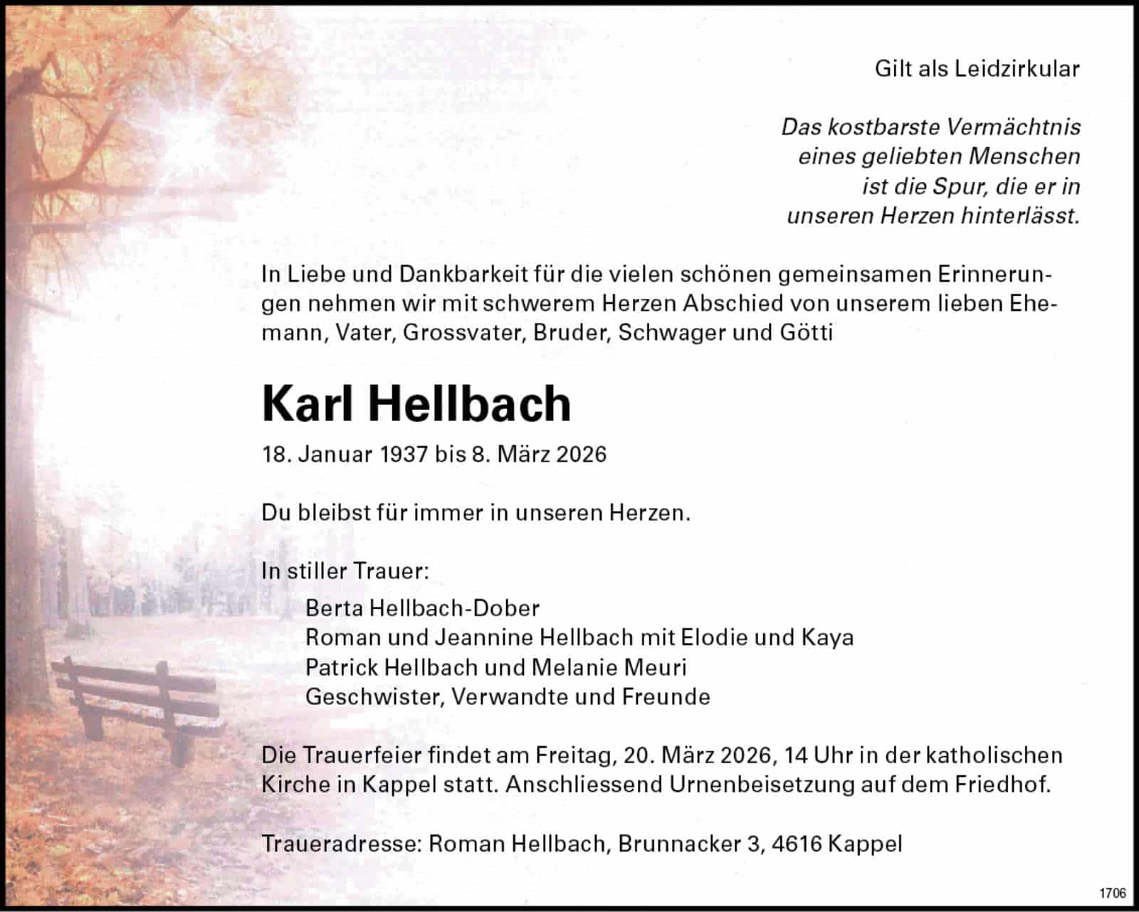 Karl Hellbach 1937 Todesanzeige / Anzeiger Thal Gäu Olten