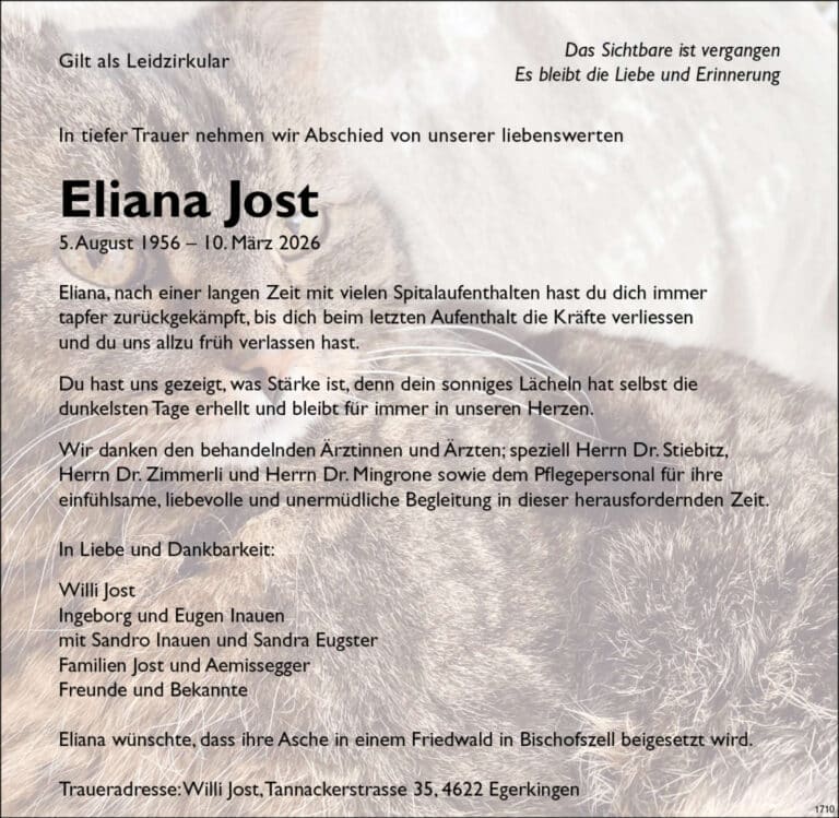Eliana Jost 1956 Todesanzeige / Anzeiger Thal Gäu Olten