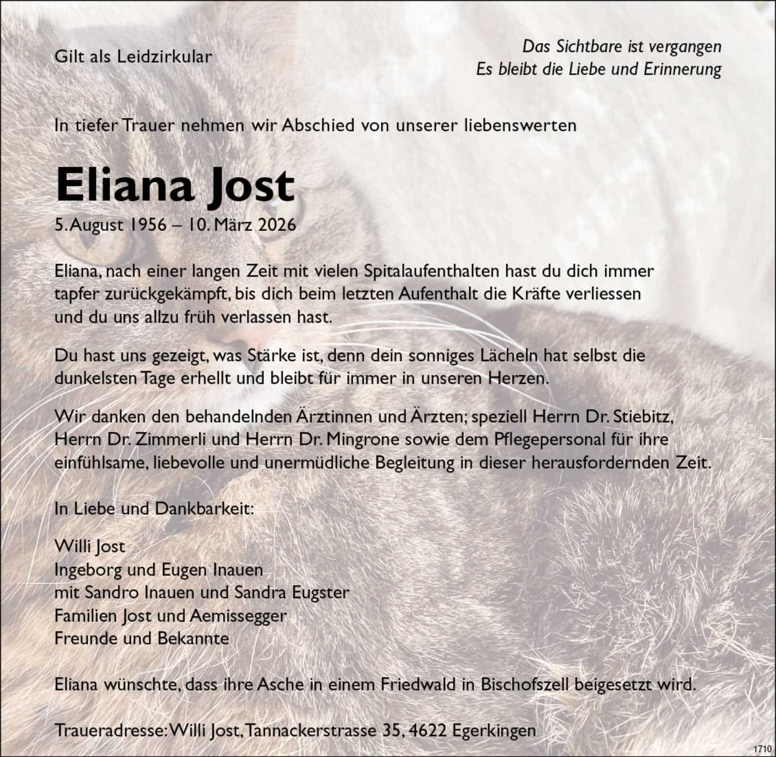 Eliana Jost 1956 Todesanzeige / Anzeiger Thal Gäu Olten