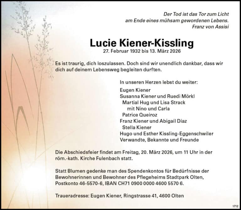 Lucie Kiener-Kissling 1932 Todesanzeige / Anzeiger Thal Gäu Olten