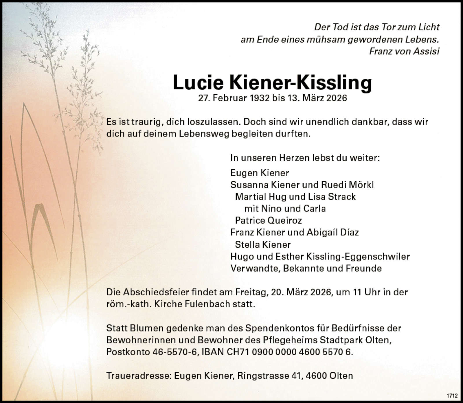 Lucie Kiener-Kissling 1932 Todesanzeige / Anzeiger Thal Gäu Olten