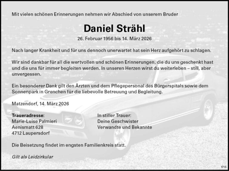 Daniel Strähl 1956 Todesanzeige / Anzeiger Thal Gäu Olten