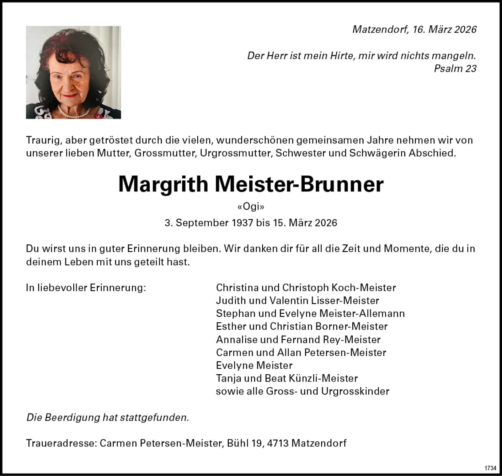 Margrith Meister-Brunner 1937 Todesanzeige / Anzeiger Thal Gäu Olten