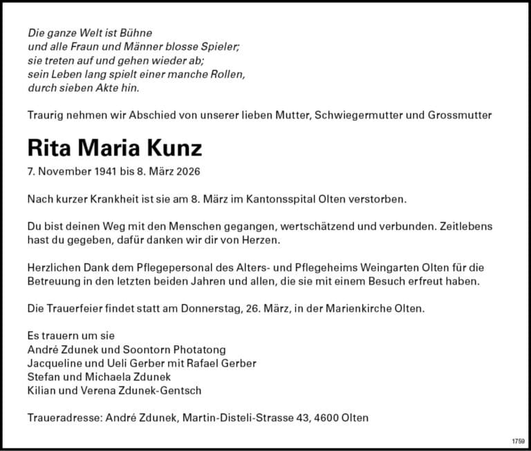 Rita Maria Kunz 1941 Todesanzeige / Anzeiger Thal Gäu Olten
