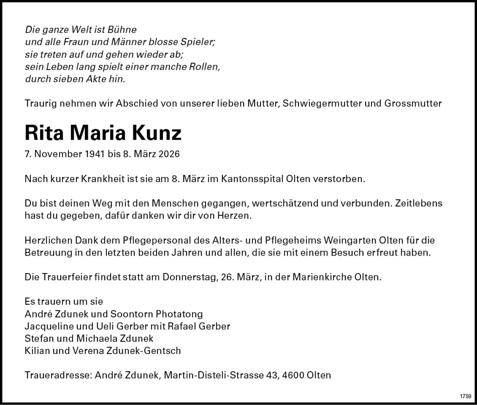 Rita Maria Kunz 1941 Todesanzeige / Anzeiger Thal Gäu Olten