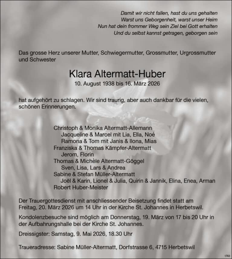 Klara Altermatt-Huber 1938 Todesanzeige / Anzeiger Thal Gäu Olten