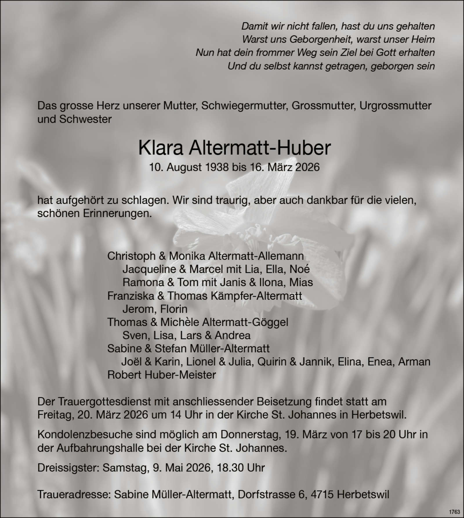 Klara Altermatt-Huber 1938 Todesanzeige / Anzeiger Thal Gäu Olten