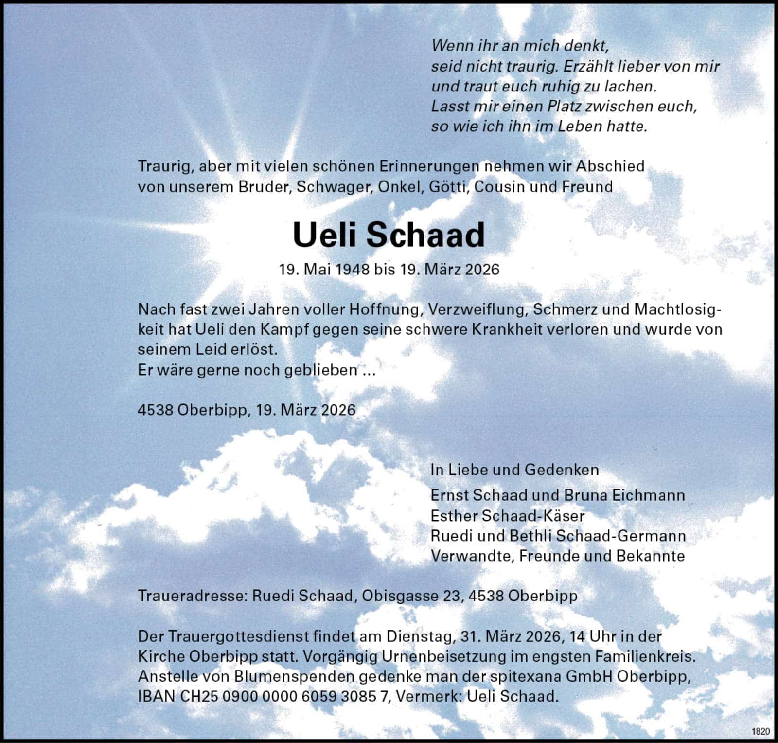 Ueli Schaad 1948 Todesanzeige / Anzeiger Thal Gäu Olten