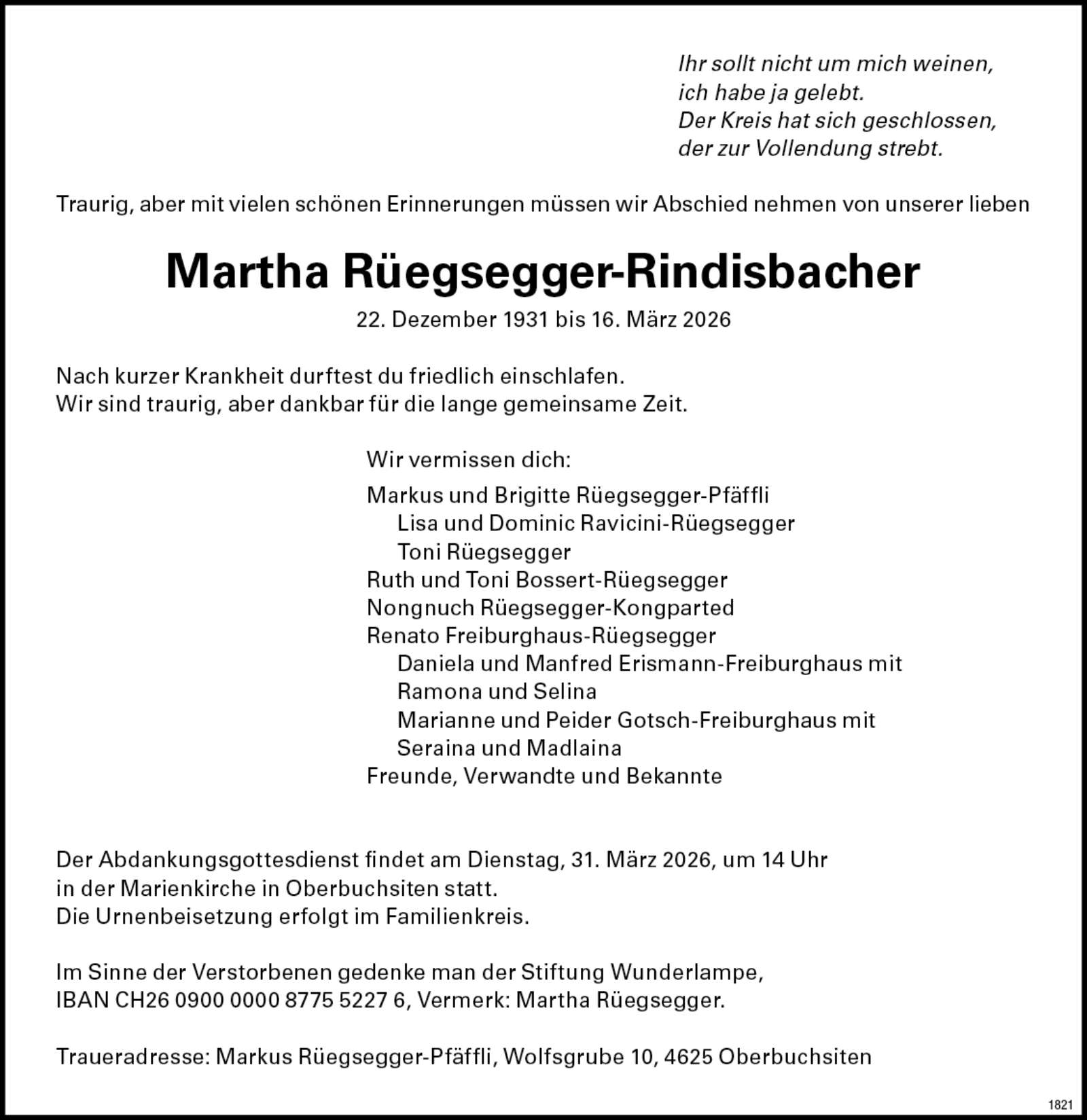 Martha Rüegsegger-Rindisbacher 1931 Todesanzeige / Anzeiger Thal Gäu Olten