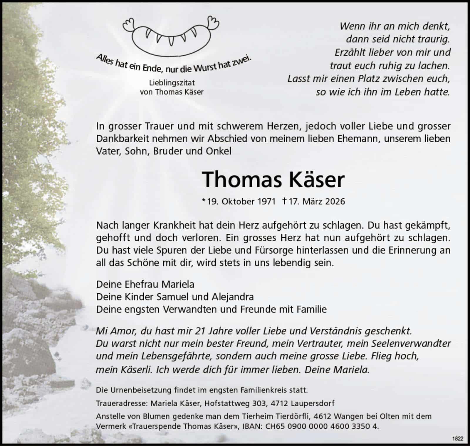 Thomas Käser 1971 Todesanzeige / Anzeiger Thal Gäu Olten