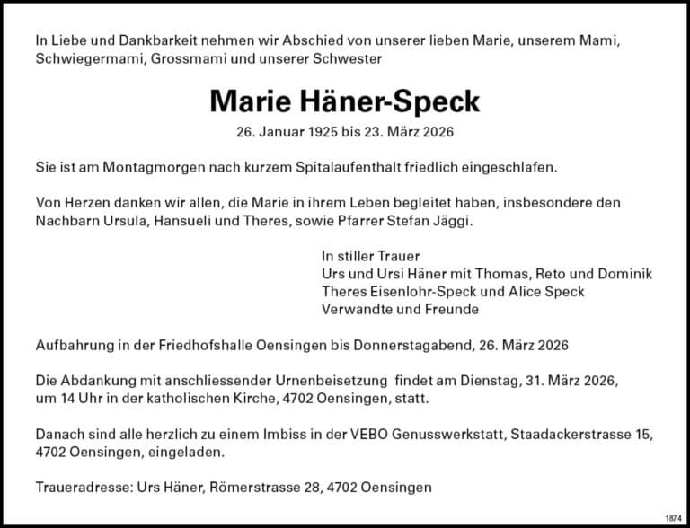 Marie Häner-Speck 1925 Todesanzeige / Anzeiger Thal Gäu Olten