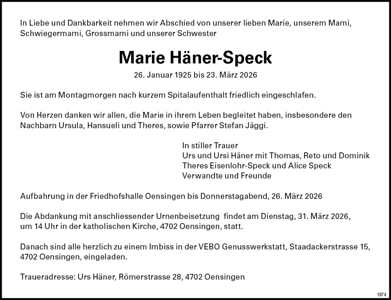 Marie Häner-Speck 1925 Todesanzeige / Anzeiger Thal Gäu Olten